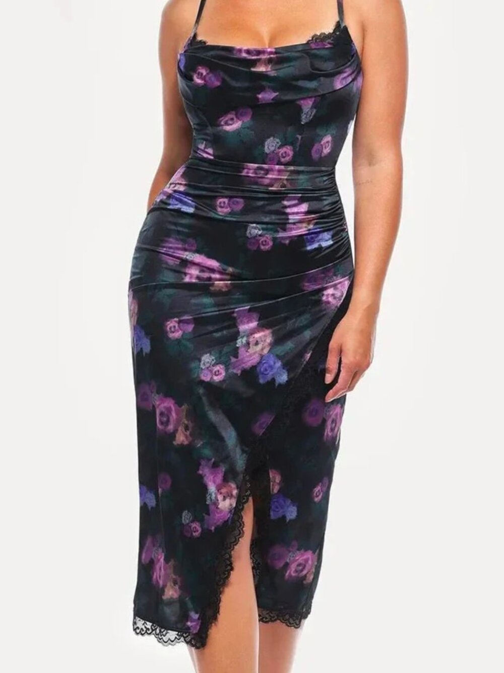 Lace Trim Sculpting Floral-Print Midi Dress